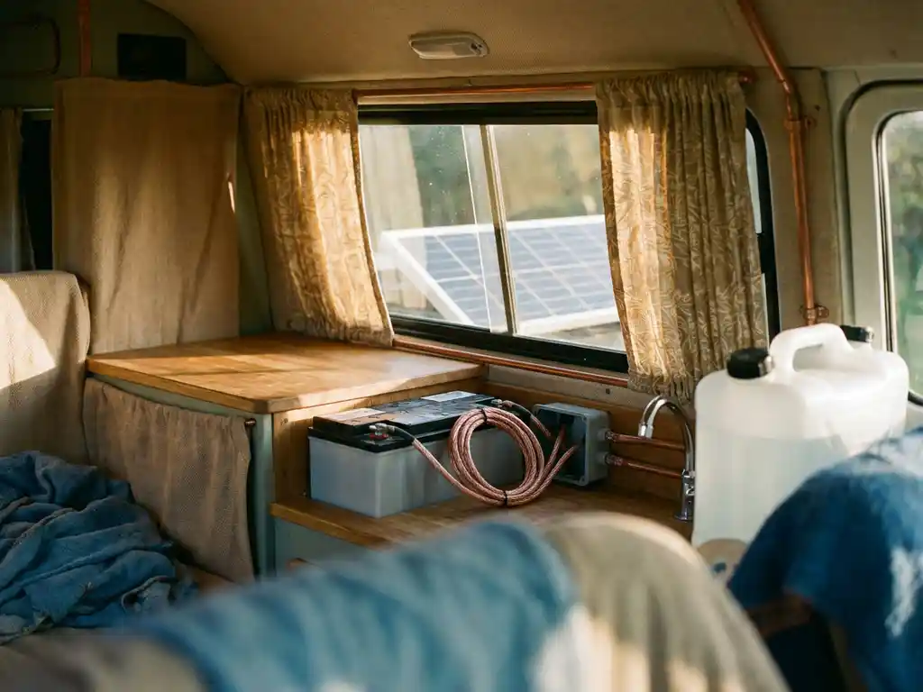 Camperinterieur met 12V-accu, nette bedrading en compacte watertank, zonnepaneel zichtbaar door raam in middagzon.