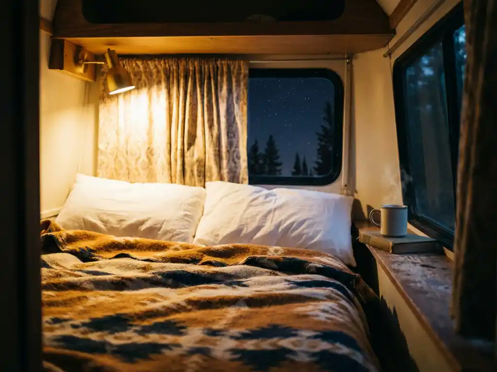 Gezellig camperbed met witte kussens en wollen deken, dampende mok op houten richel, gouden lamplicht naast gordijn met sterrenhemel buiten.