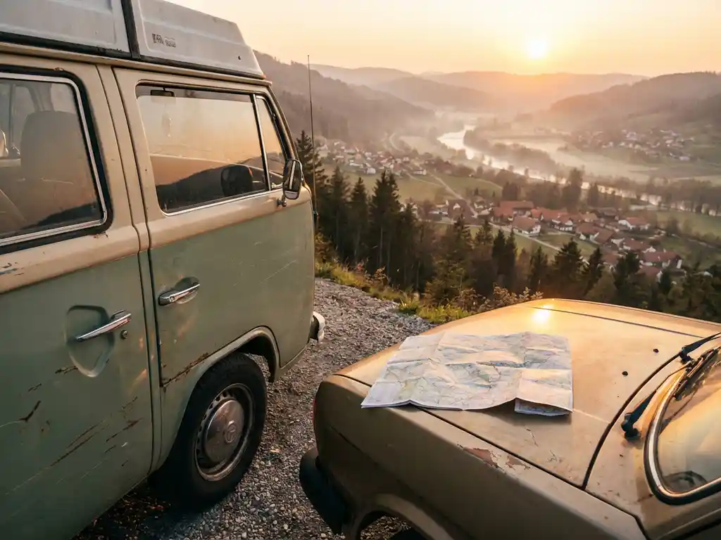 Verweerde campervan op bergweg met uitgevouwen papieren kaart op de motorkap, met uitzicht op een Europese vallei in het gouden uur.