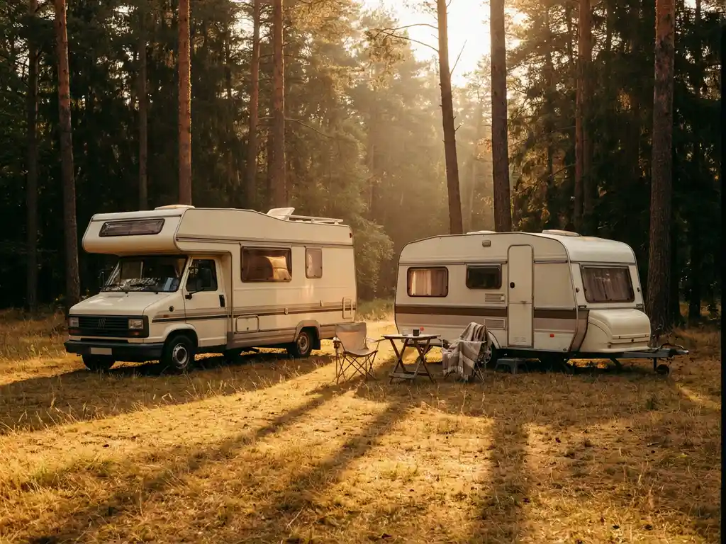 Camper en caravan naast elkaar op een zonnig grasveldje tussen hoge pijnbomen, met een campingstoel en houten tafeltje in het gouden avondlicht.