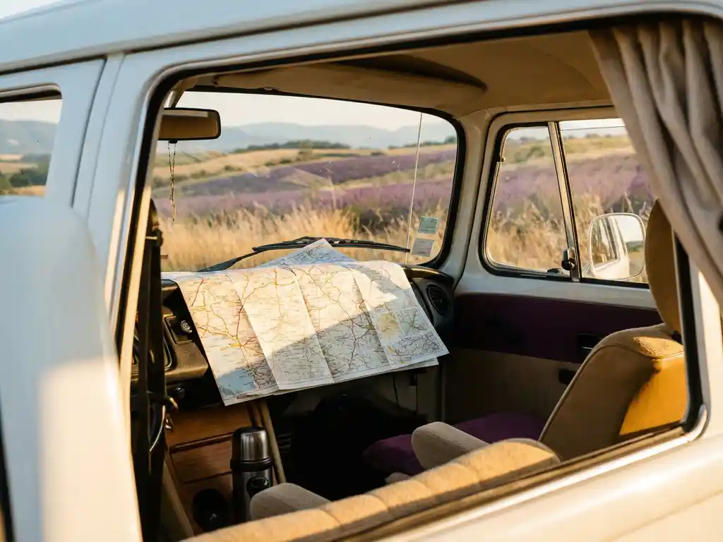 Witte campervan op een zonnige Franse plattelandsweg met een papieren wegenkaart op het dashboard en lavendelvelden in de achtergrond.