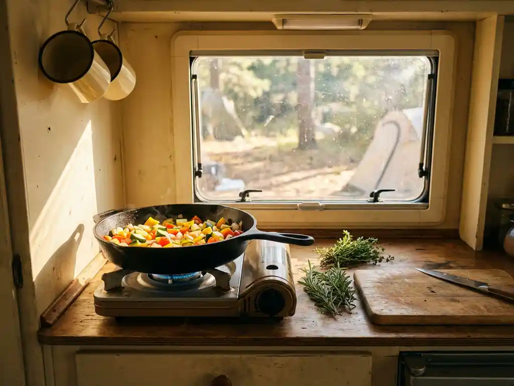 Gietijzeren koekenpan met gekleurde groenten op gasbrander in compacte camperkeuken, verse kruiden en houten snijplank op aanrecht.