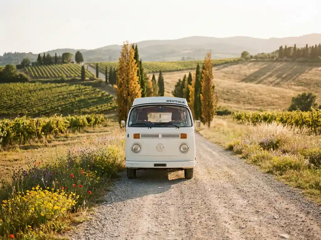 Witte campervan op een zonnige Toscaanse heuvelbocht, omringd door cipressenrijen, wijngaarden en wilde bloemen in gouden avondlicht.