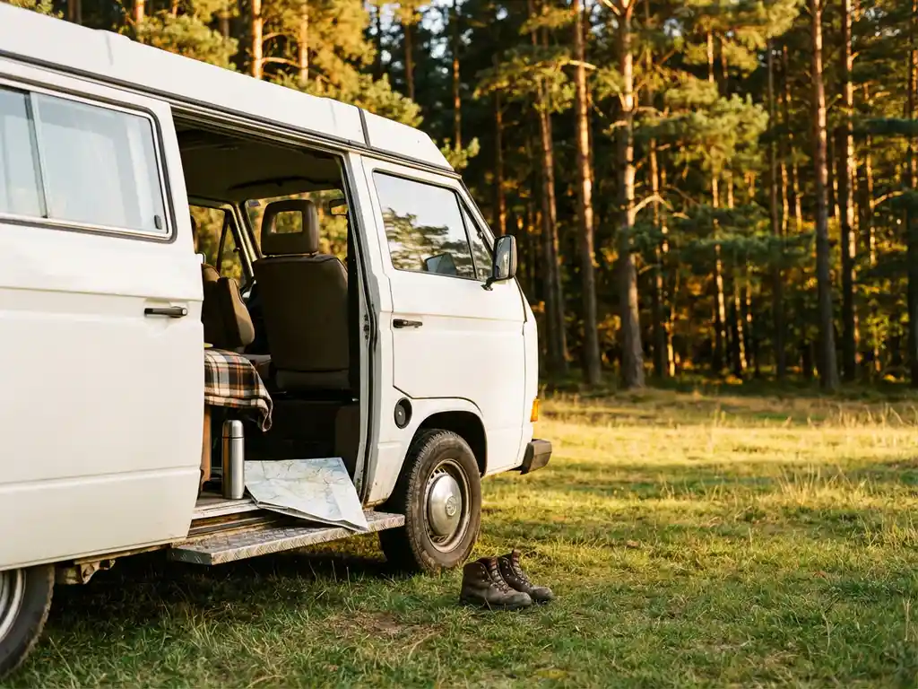 Witte campervan geparkeerd op zonnig grasland bij dennenbos, zijdeur open met kaart en thermoskan, wandelschoenen op de grond, gouden uurtje licht.