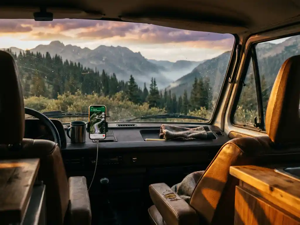 Campervan op bergpas met smartphone-navigatie op dashboard, uitzicht op beboste hellingen in gouden middaglicht.