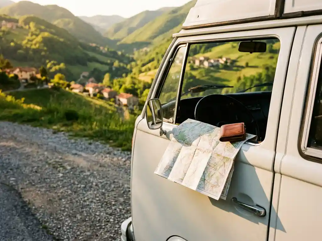 Witte campervan op zonnige bergweg boven Europese vallei met terracotta daken, papieren kaart en leren portemonnee op vensterbank.
