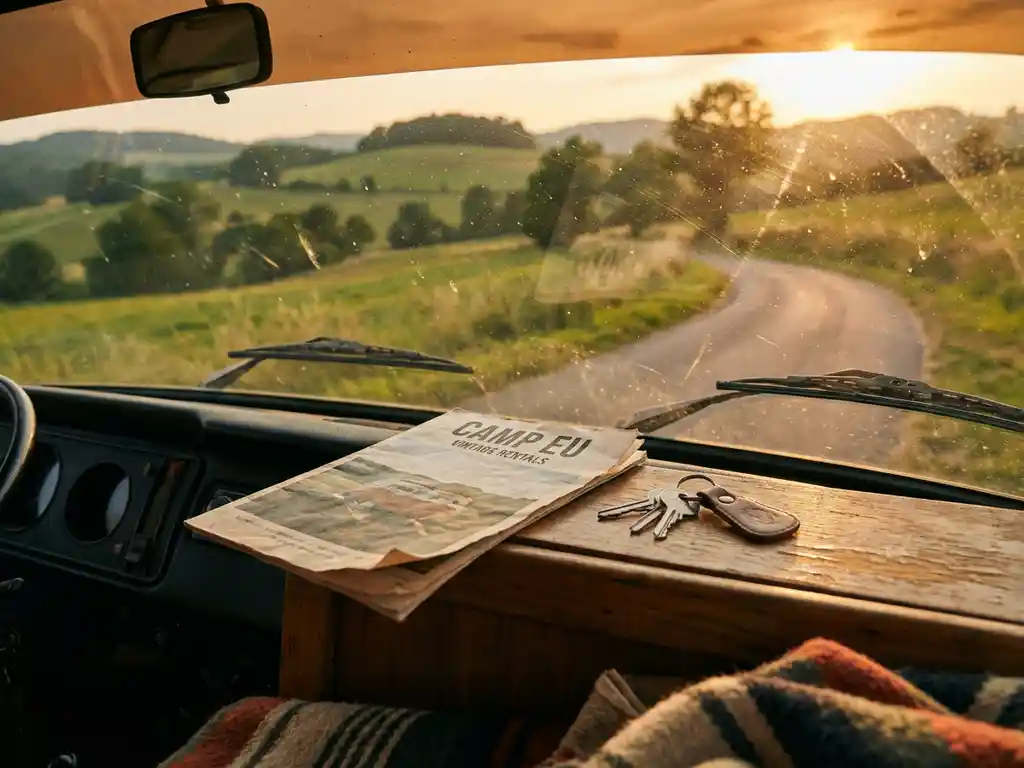 Versleten campervan geparkeerd op een Europese landweg, met een huurbrochure en sleutels op het dashboard in warm goudkleurig avondlicht.