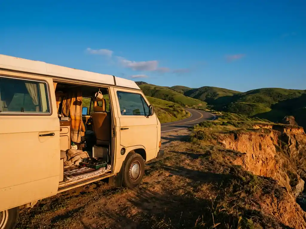 Verweerde campervan op klifrots aan de kust, open zijdeur met gezellig interieur en koffiemok, kronkelende weg door groene heuvels op de achtergrond.