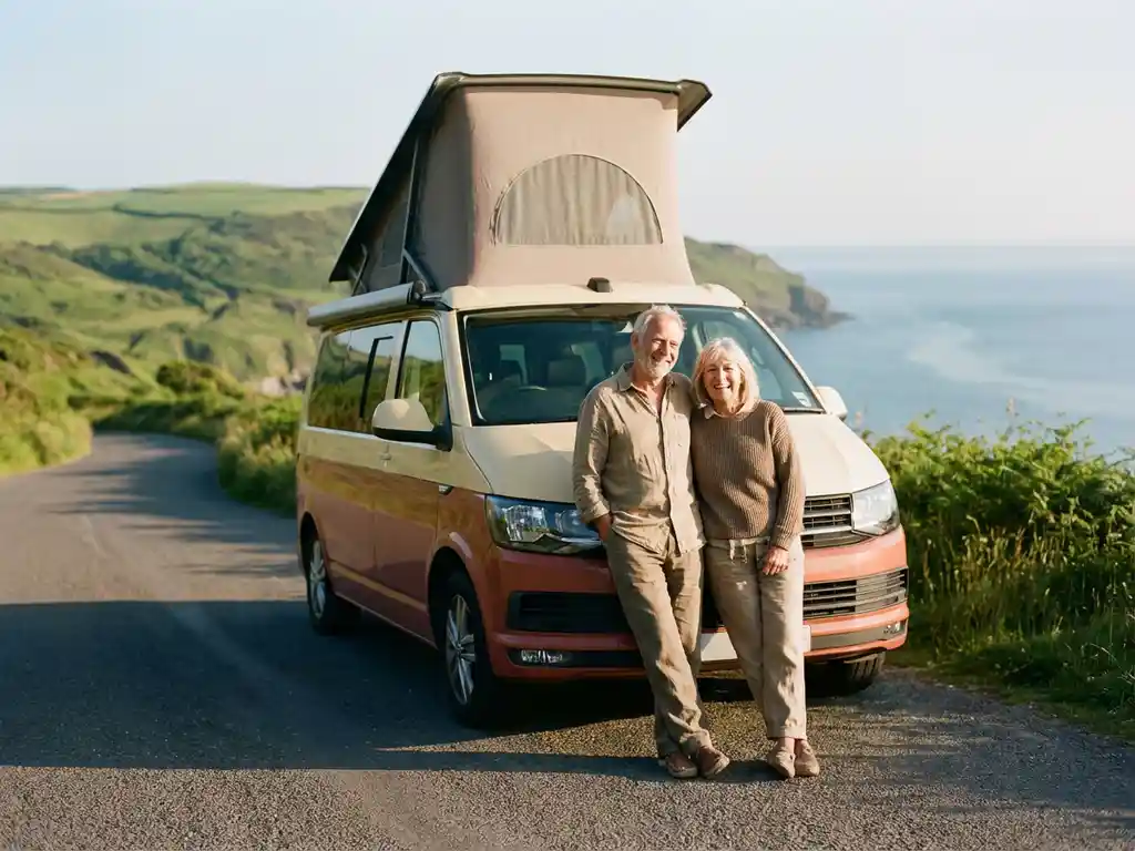 Ouder echtpaar naast een compacte campervan op een kustweg, met groene heuvels en blauwe zee op de achtergrond in gouden uurlicht.