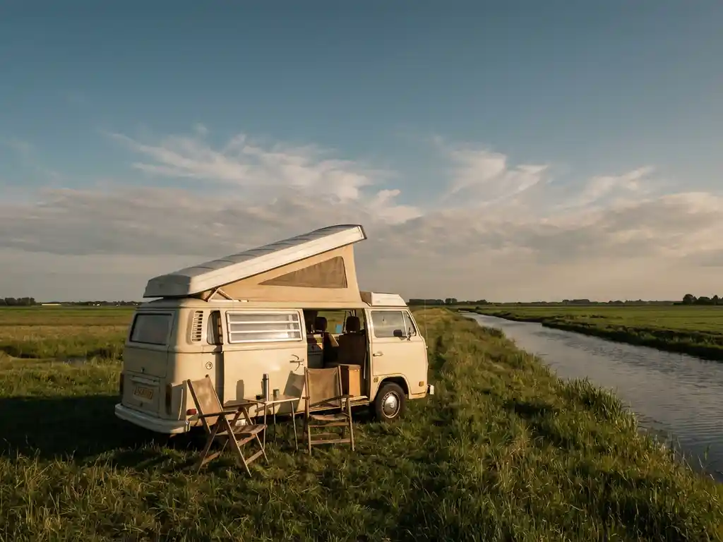 Campervan geparkeerd op een grasvlakte in een Nederlands polderlandschap, met klapstoelen buiten in warm middaglicht.