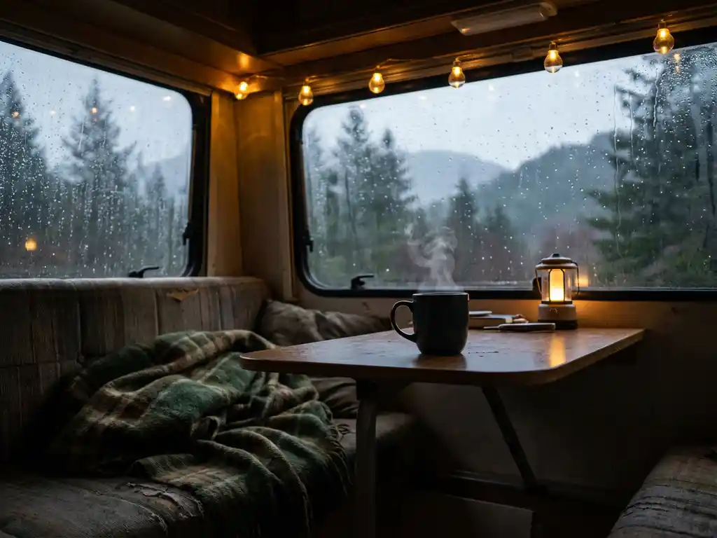 Gezellig camperbusje interieur met dampende koffie op houten tafel, geruite deken op stoel en regendruppels op beslagen ramen.