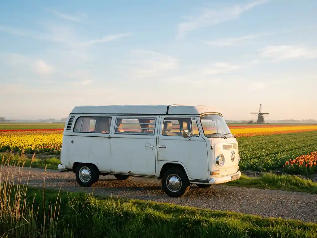 Witte campervan op een polderweg tussen bloeiende tulpenvelden, met een molen op de achtergrond in warm avondlicht.