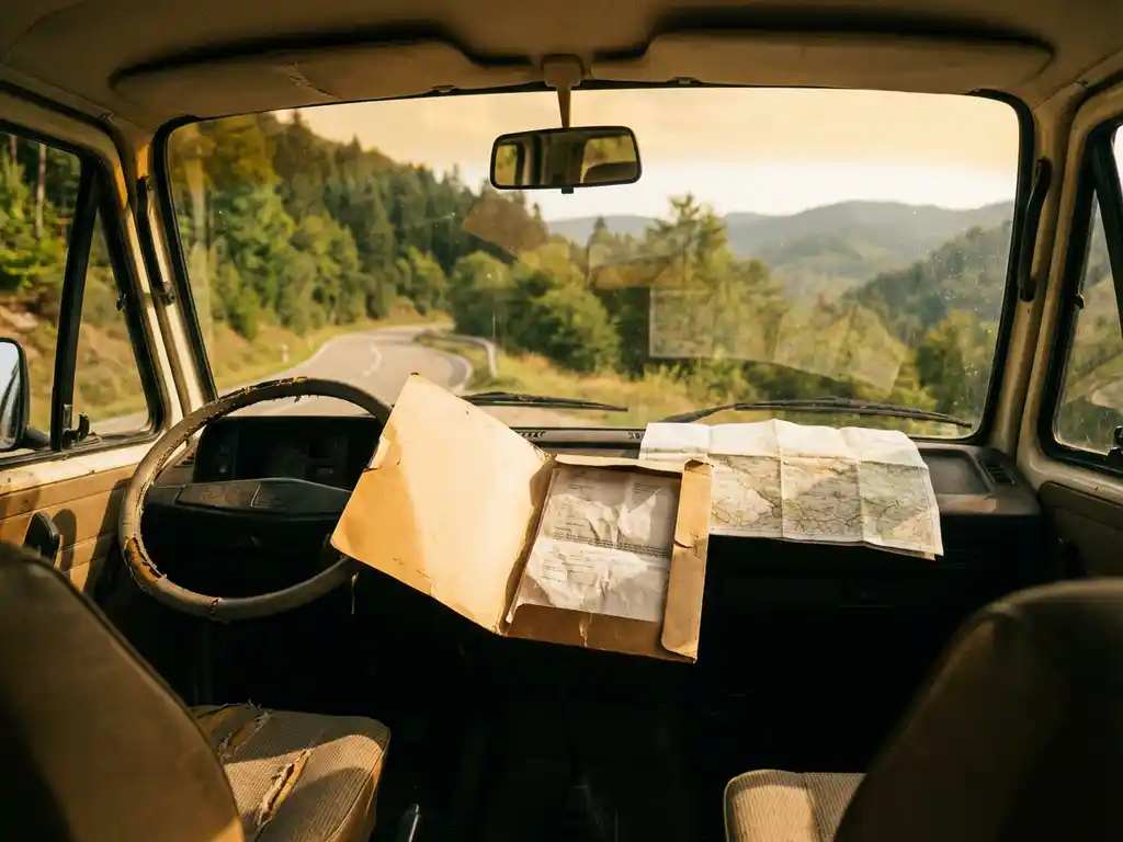 Verweerde campervan op bergweg bij gouduur, met verzekeringsdocumenten en papieren kaart op dashboard, groen landschap door voorruit.