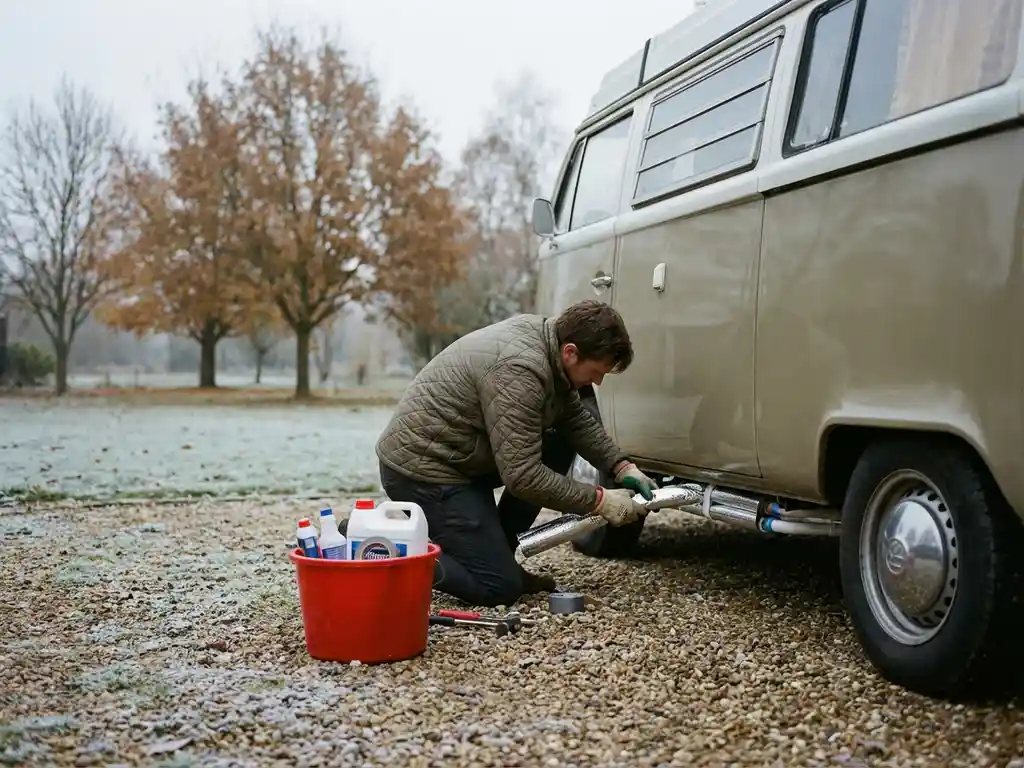 Campervan op bevroren grindoprit, eigenaar isoleert leidingen met schuimband, kale herfstbomen op achtergrond, winterklaar maken.