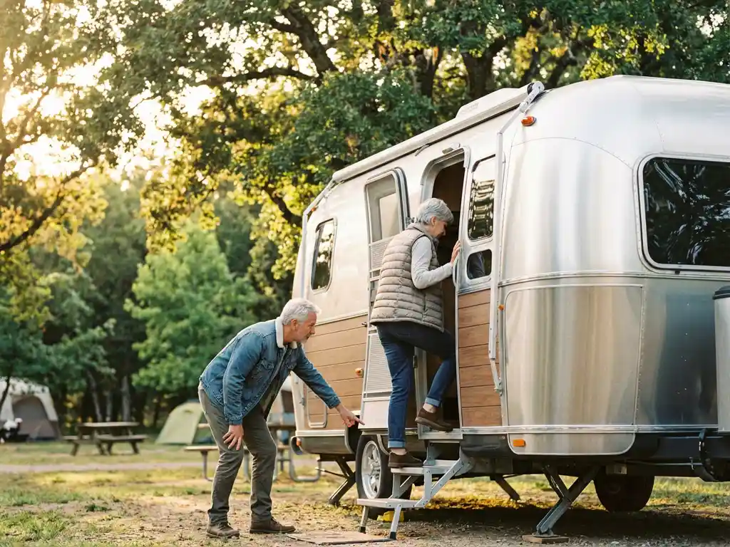 Zilverharig stel in de vijftig dat een moderne caravan inspecteert op een zonnig kampeerterrein, omgeven door weelderig groen.