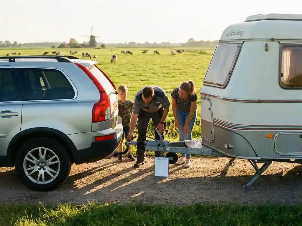 Caravan die wordt aangekoppeld aan een zilveren SUV op een zonnige Nederlandse landweg, met stabilisatorsteunen en een veiligheidschecklist op de trekhaak.