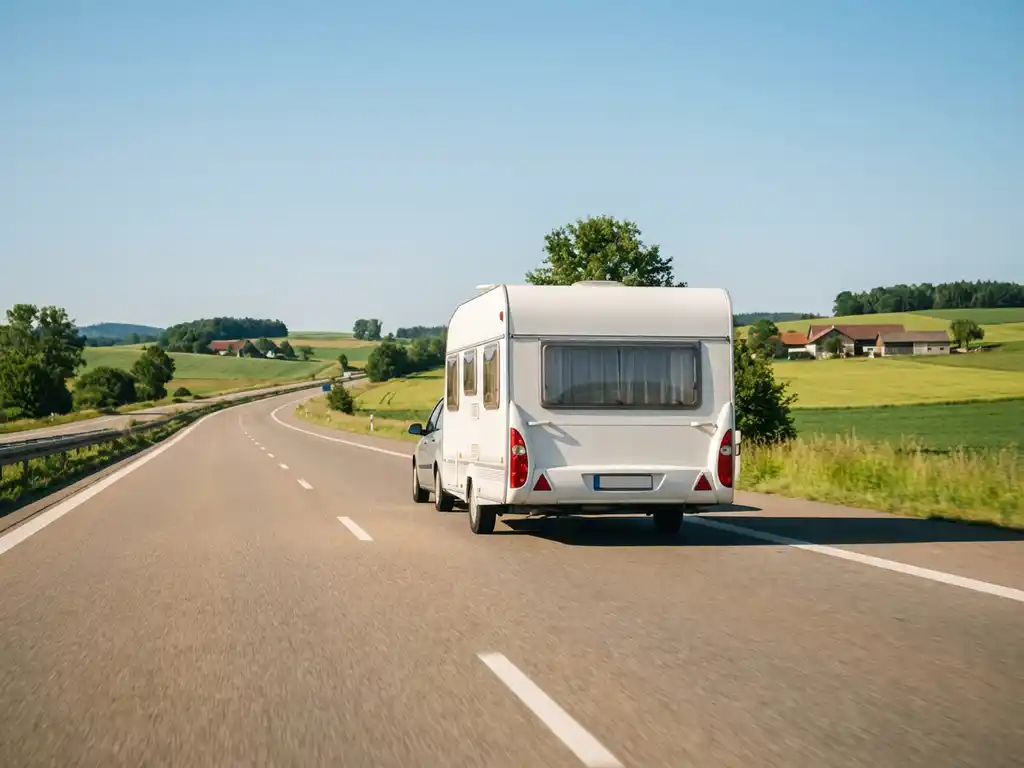 Witte caravan op Europese snelweg door groen landschap, gefotografeerd van achteren op rijsnelheid bij helder middaglicht.