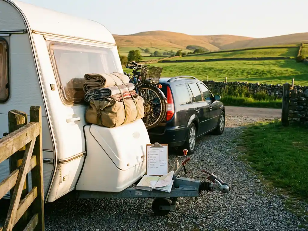 Wit caravan gekoppeld aan auto op zonnige oprit, met checklist en wegenatlas op de trekhaak, groene velden op de achtergrond.