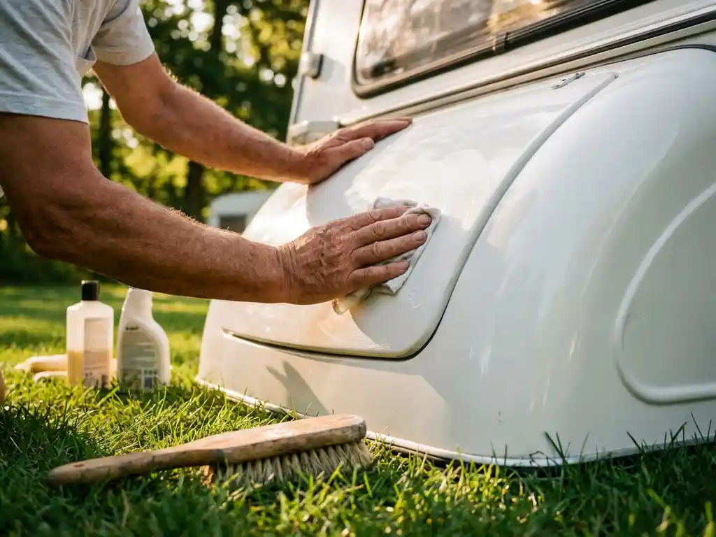 Verweerde handen die beschermende was aanbrengen op wit caravan exterieur, met borstel en schoonmaakmiddelen op groen gras.