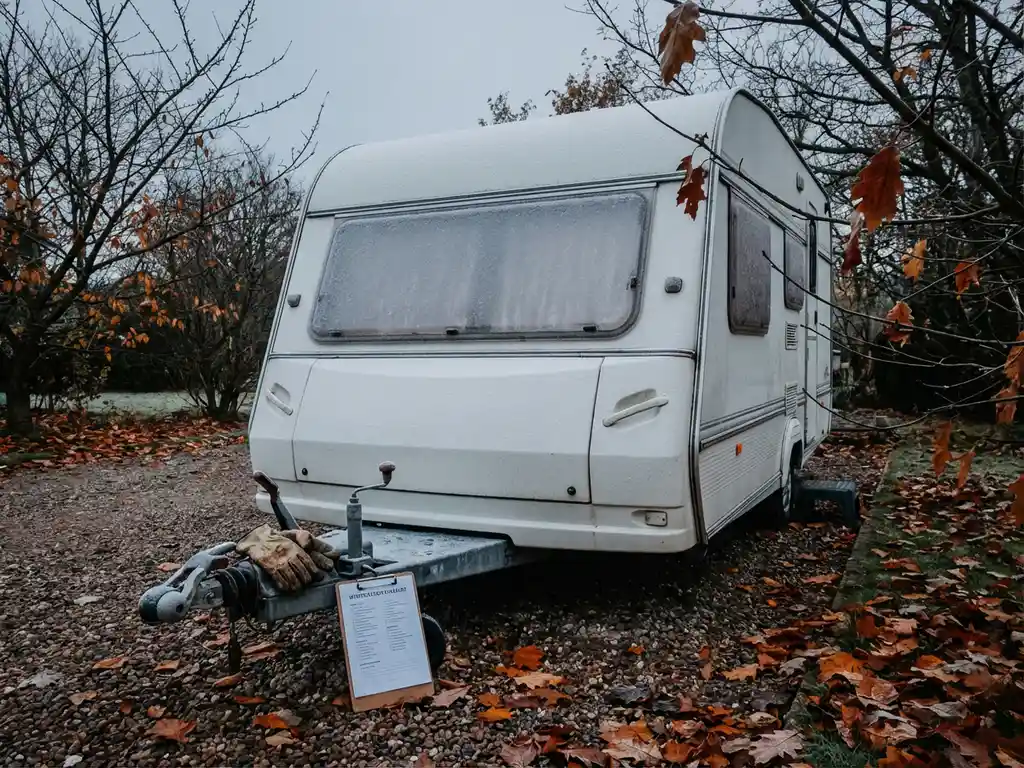 Berijpte witte caravan op oprit met kale herfstbomen, werkhandschoenen en winterklaarmaaklijst op de trekhaak, oranje bladeren op de grond.