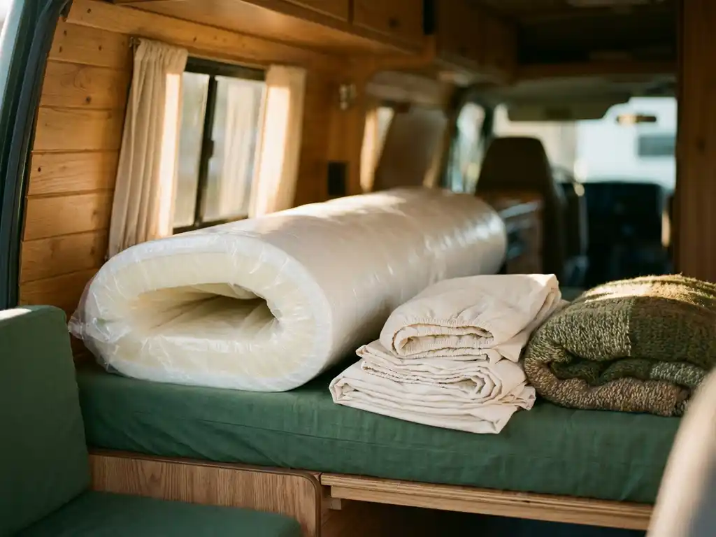 Opgerold traagschuim matras deels uitgevouwen op camperbed, met hoeslaken en wollen deken in warm middagzonlicht.