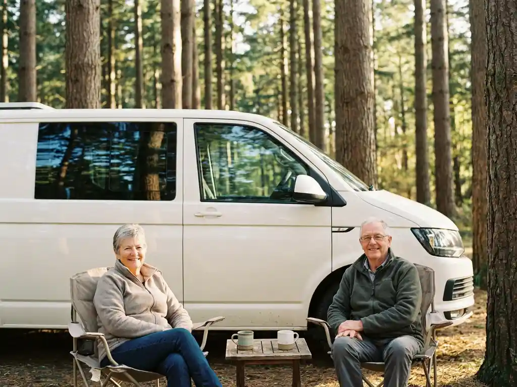 Gepensioneerd stel ontspant in campingstoelen naast een witte caravan tussen Nederlandse pijnbomen, met koffie in de middagzon.