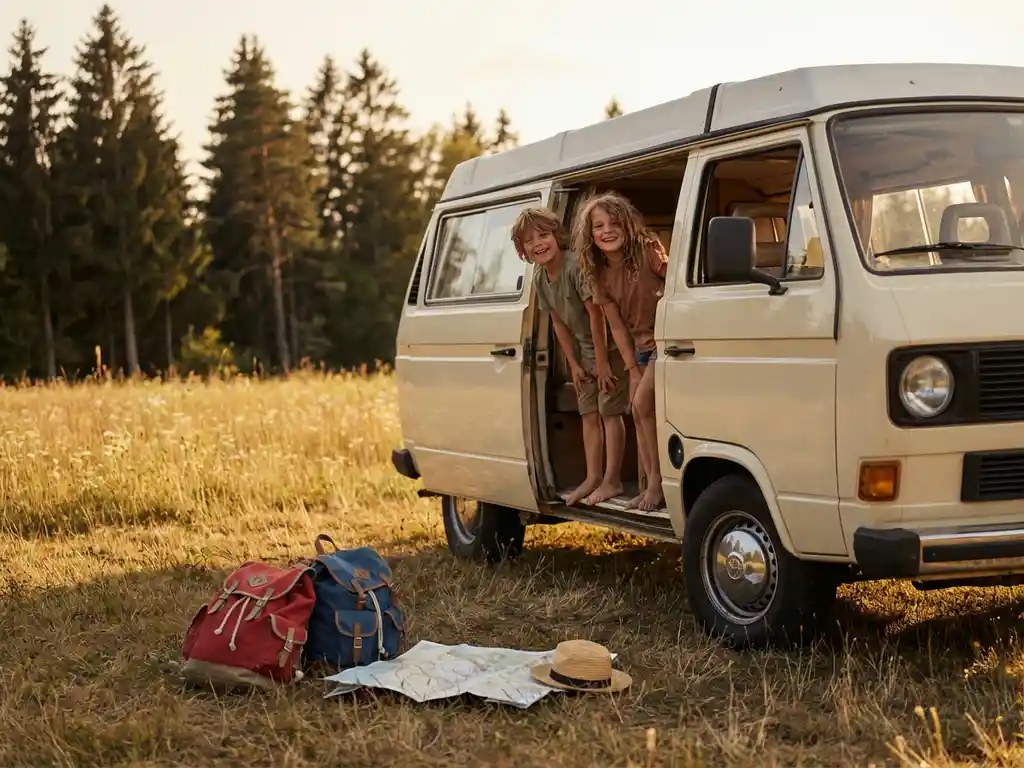 Gezin campervan op zonnige weide, twee kinderen kijken opgewonden door open zijdeur, kleurrijke rugzakken en wegenkaart op het gras.