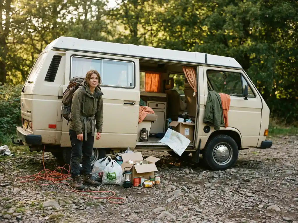 Beginnende kampeerder naast een scheve campervan op oneven grindplek, met verward stroomkabel en overvolle tas bij de zijdeur.