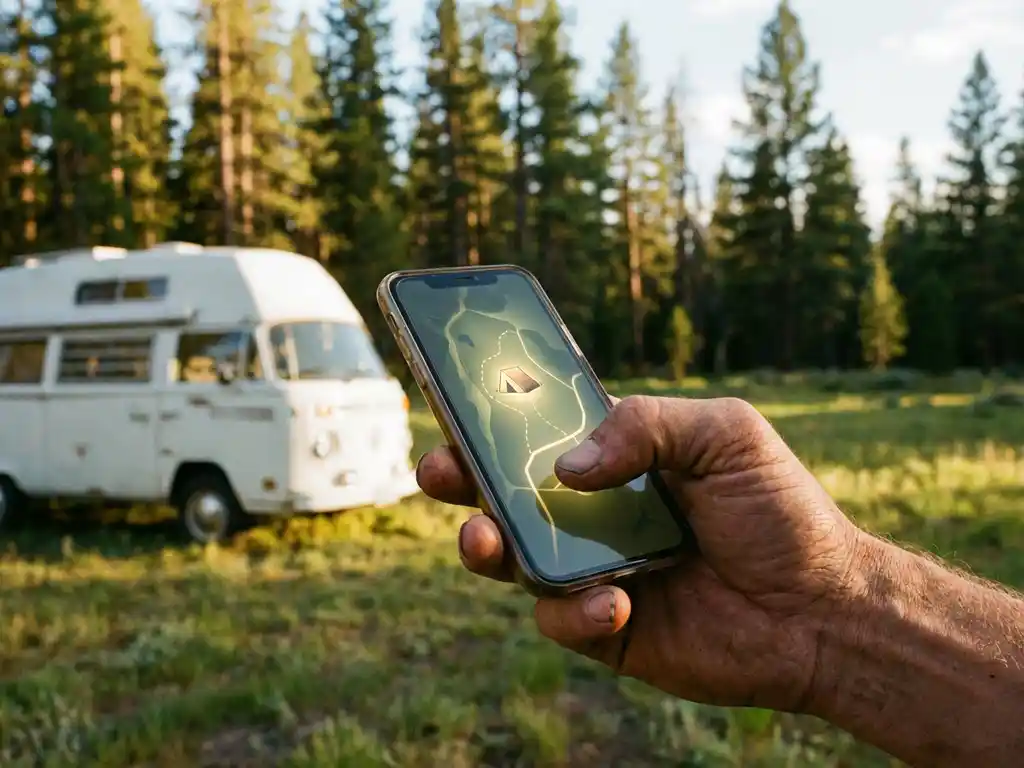 Verweerde hand met smartphone met kampeerplaatskaart, witte campervan op grasveld op de achtergrond in gouden middaglicht.