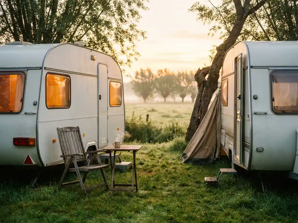 Witte caravan op een groen Nederlands kampeerveld bij zonsondergang, met een dampende mok op een klaptafel en zachte avondmist.