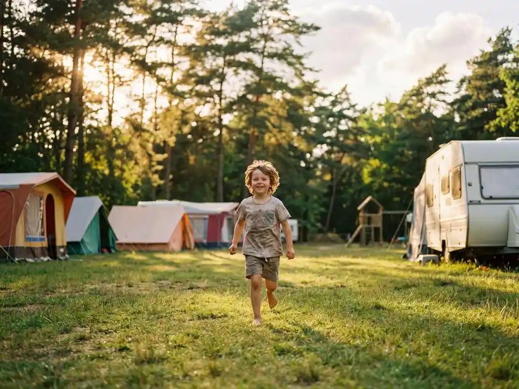 Blootsvoets rennend kind op zonnig Europees kampeerterrein met kleurrijke tenten, witte caravan en speeltoestel tussen dennenbomen.