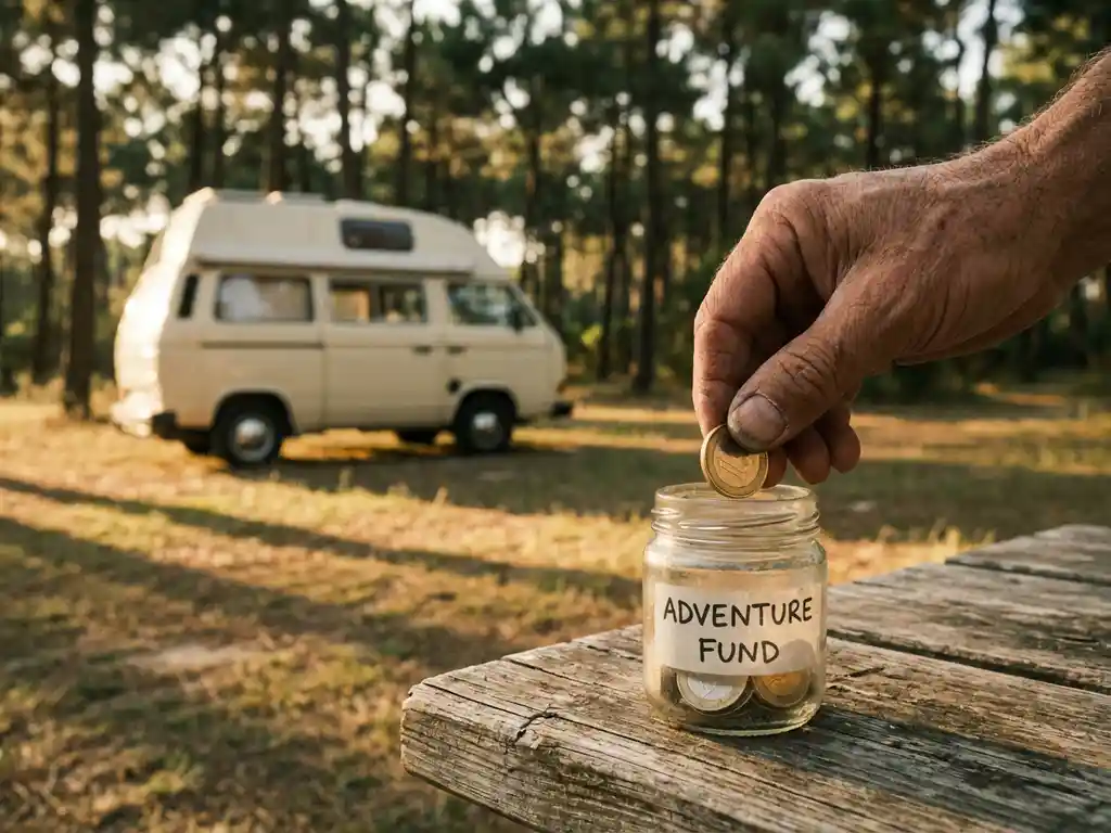 Verweerde hand die euromunten in een glazen pot legt op een picknicktafel, met een campervan op een groen kampeerterrein op de achtergrond.