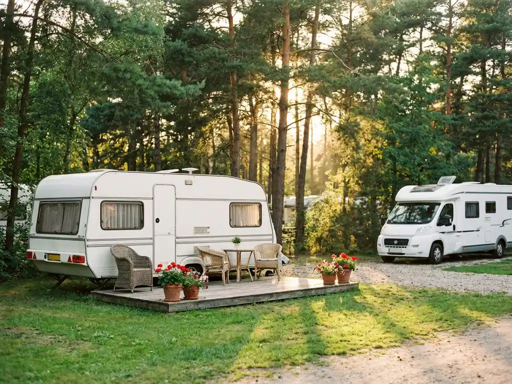 Witte caravan op een permanent kampeerplaats met houten terras, tuinmeubelen en bloempotten, naast een camper op een grindplaats tussen dennenbomen.