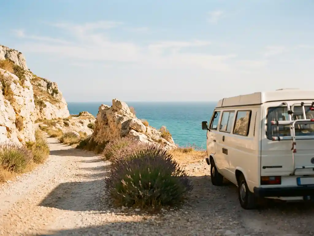 Witte campervan op een kustklif langs de Middellandse Zee, omgeven door wilde lavendel en turquoise water in warm middaglicht.